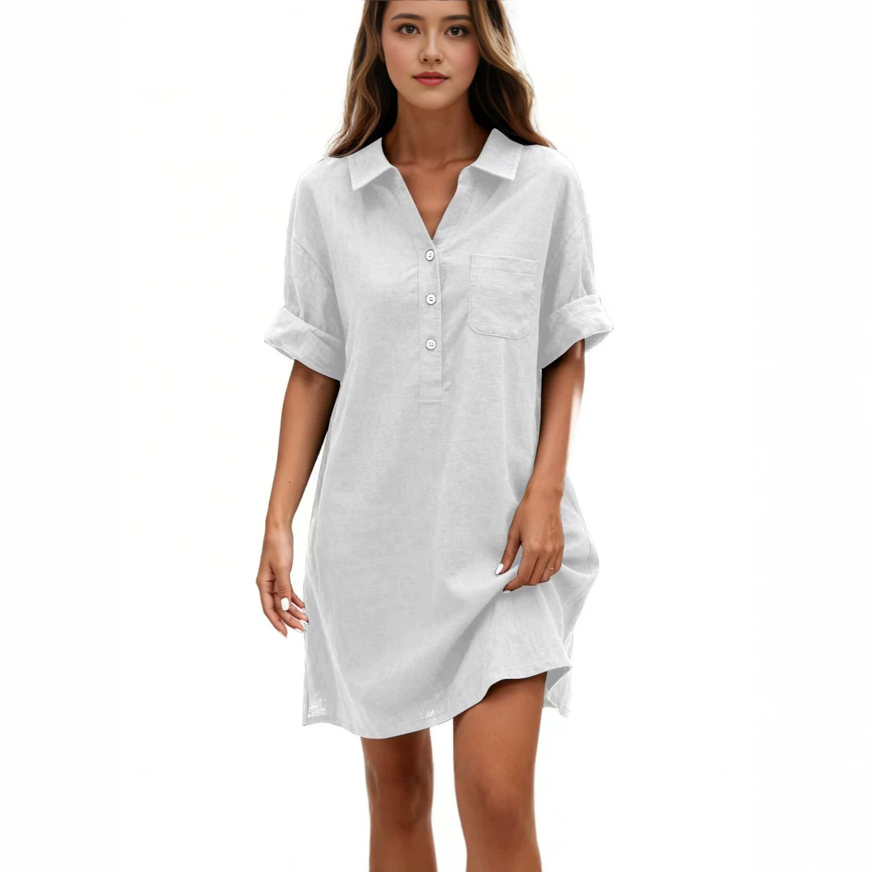 Women's Cotton Short Sleeve Midi Dress with Small Lapel Collar