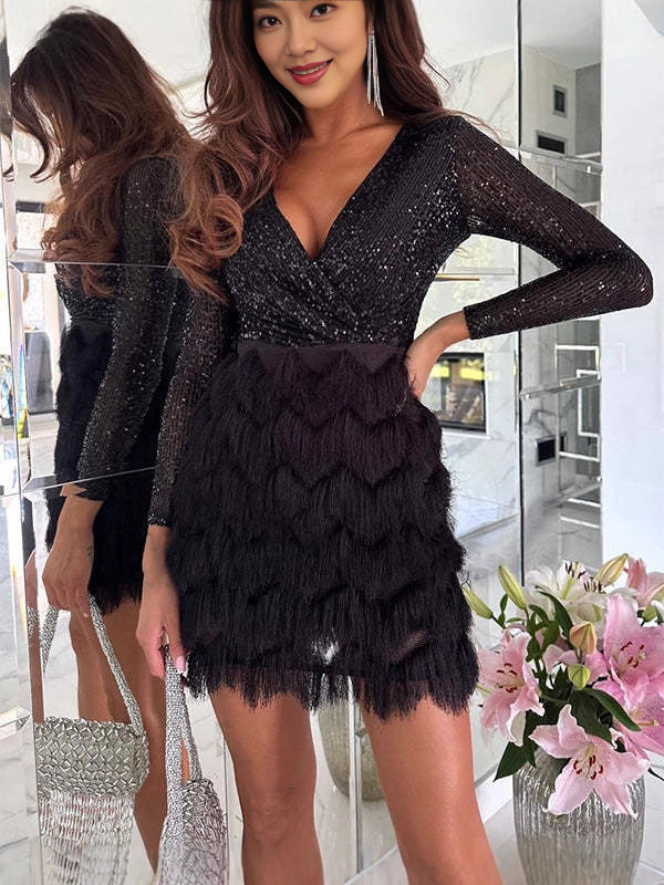 Sequin A-Line Mini Dress with V-Neck and Long Sleeves