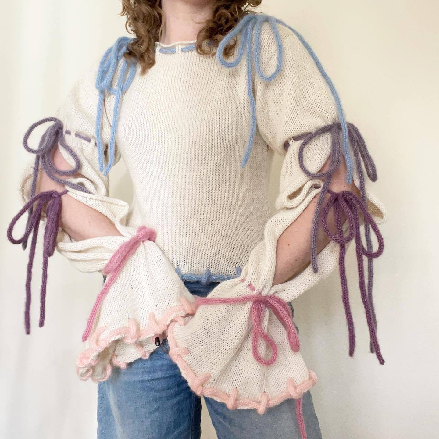 Colorblock Lace-Up Sweater with Bell Sleeves