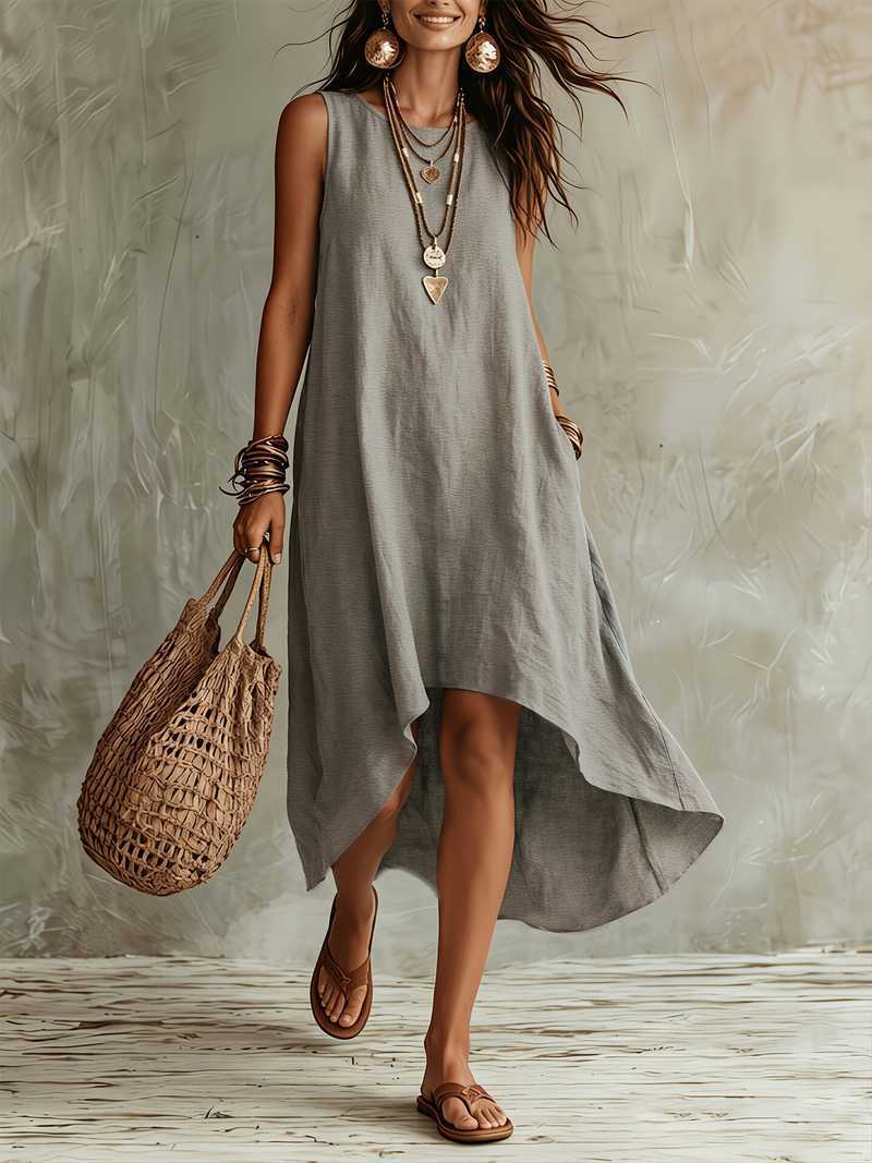 Solid Sleeveless A-Line Maxi Dress Round Neck Loose Fit