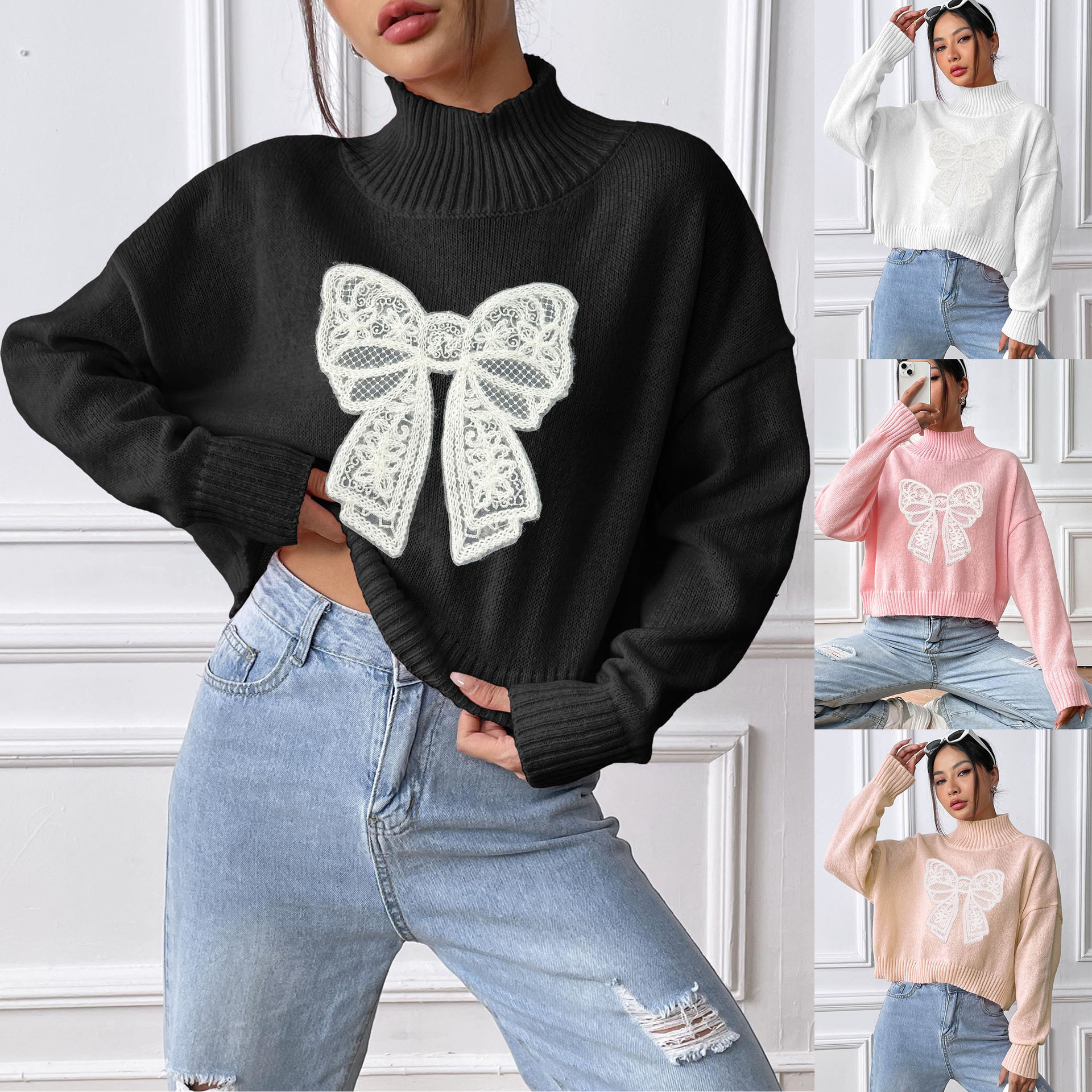 Bow Embroidered High Neck Pullover Sweater Applique Patchwork Short Top
