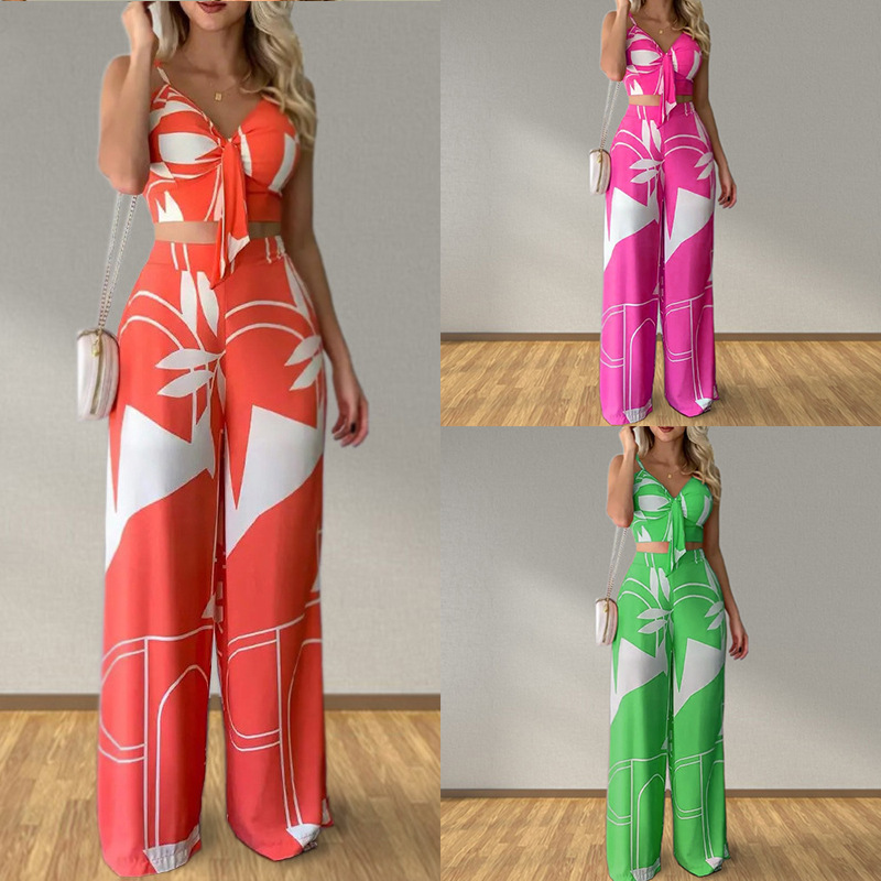 Women's V-Neck Printed Tank Top & Wide-Leg Pants Set