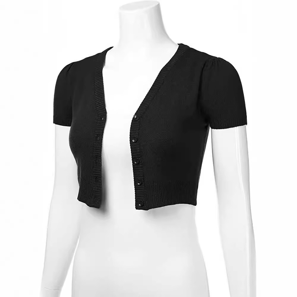 Short Solid V-Neck Button-Front Cardigan Top