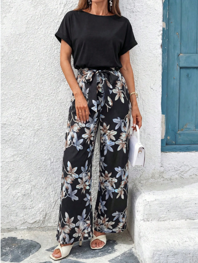 Women's Floral Print Round Neck Loose Jumpsuit
