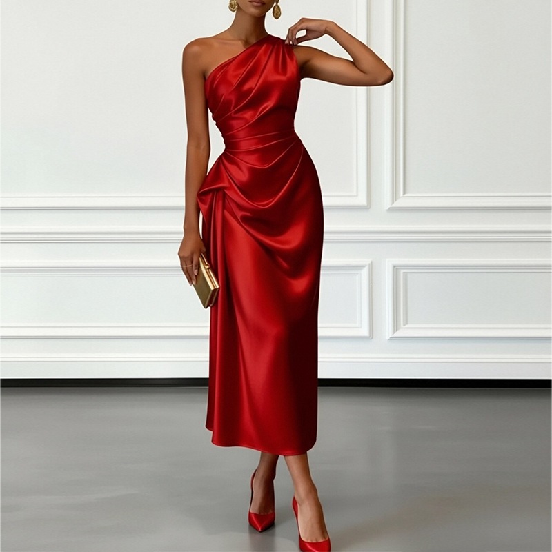 Women's Off-Shoulder Evening Dress Elegant Slim-Fit Solid Color Long Gown
