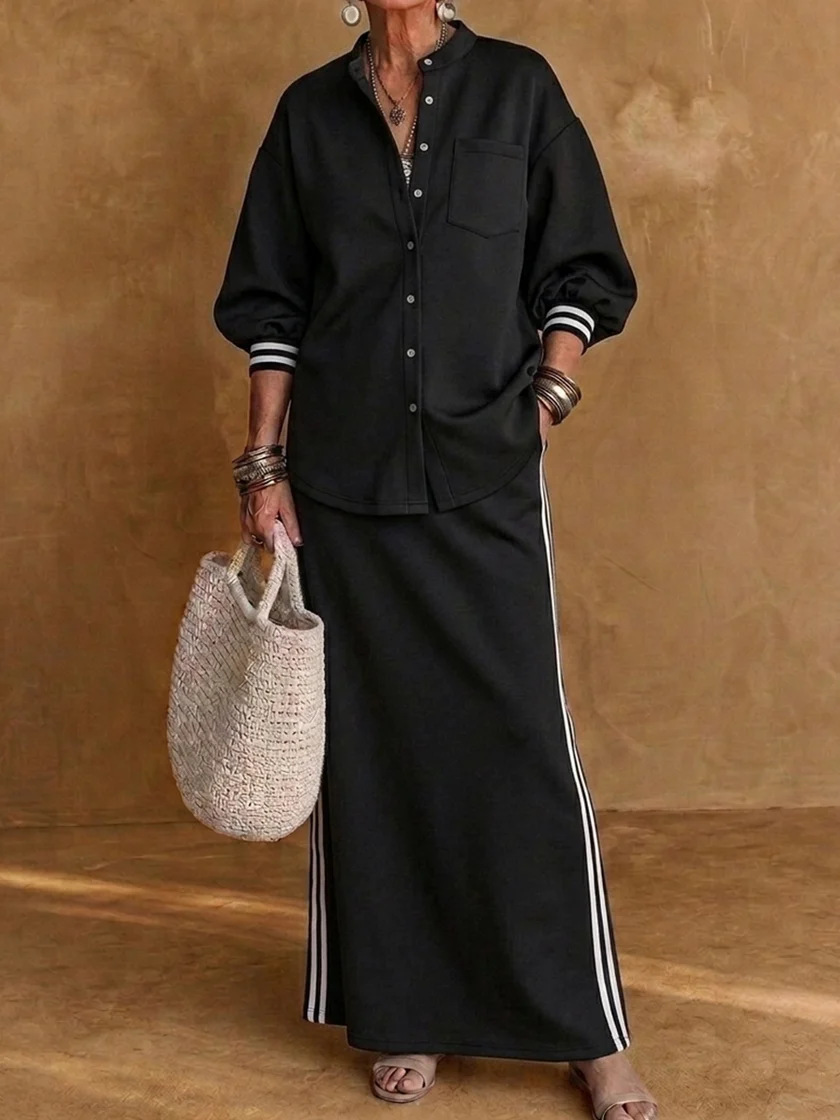 Women's Button-Up Collared Shirt and Striped Midi Skirt Two-Piece Set