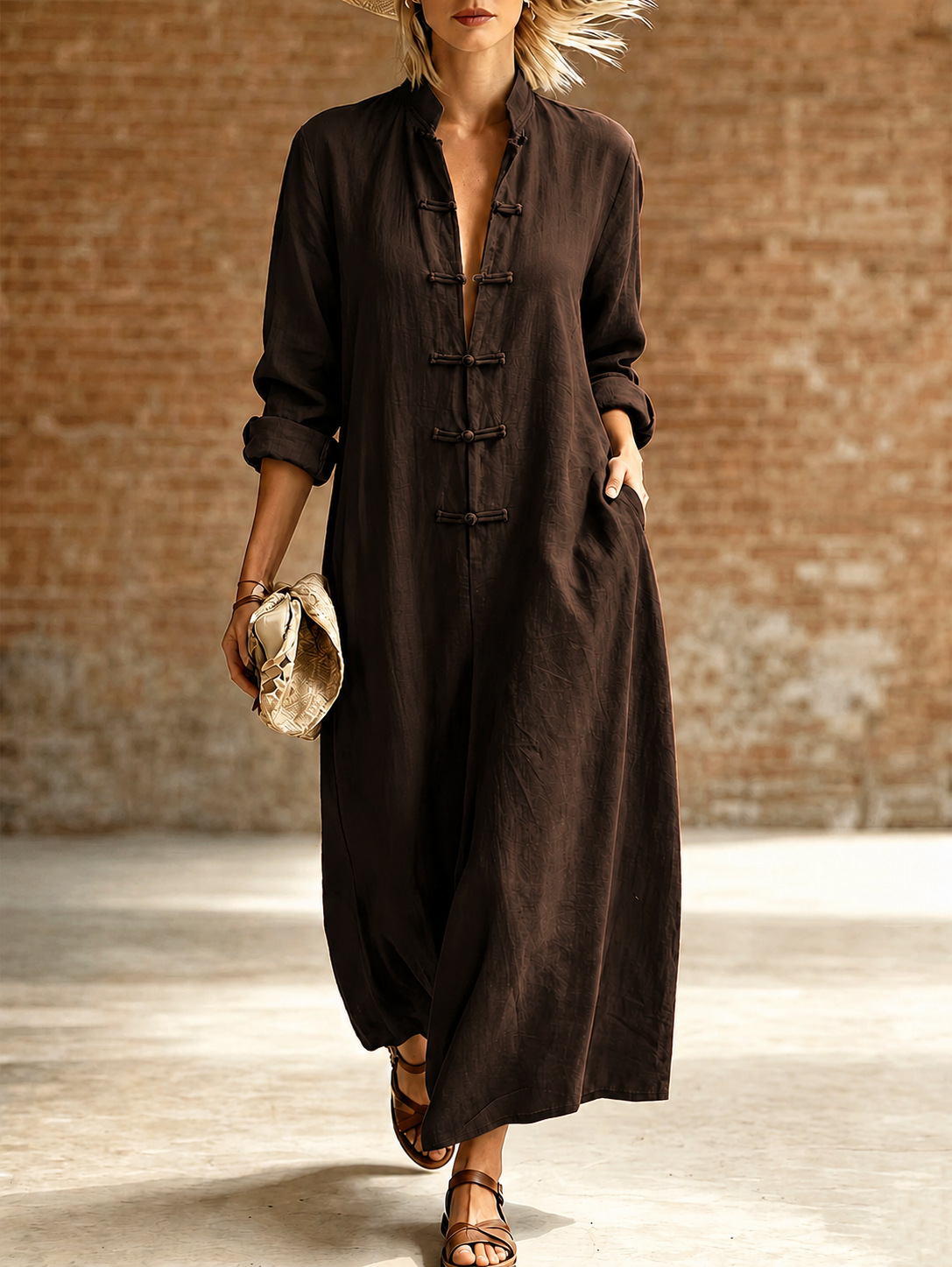 Retro Chinese Frog Button A-Line Dress Long Sleeve Loose Fit