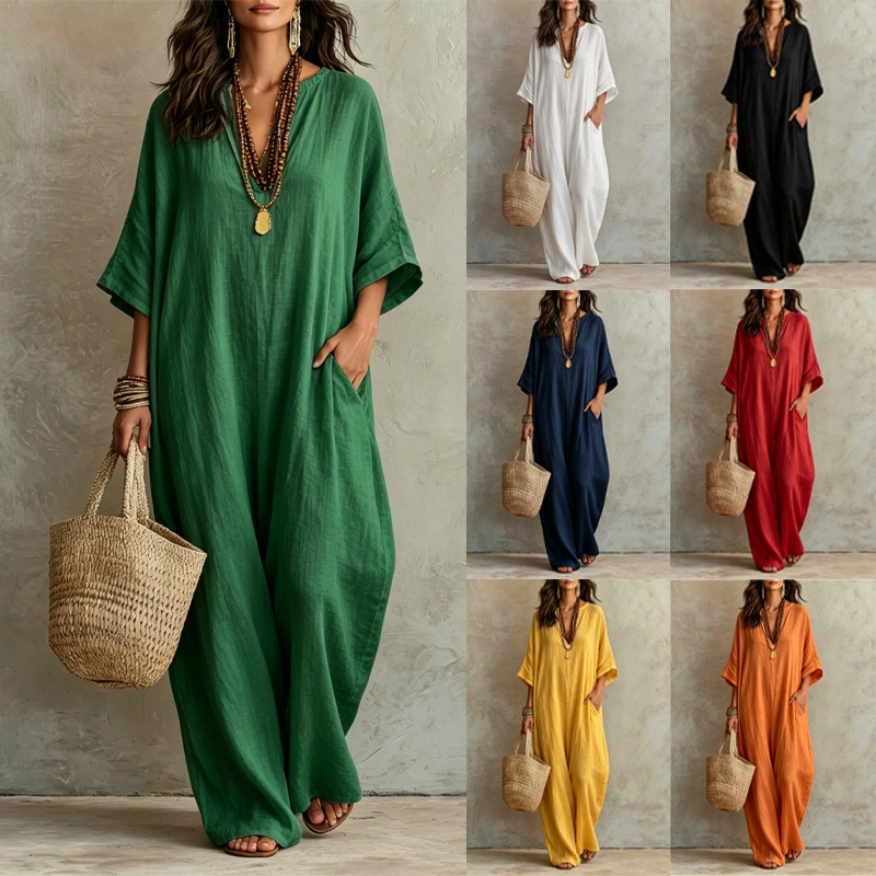 Cotton Linen Loose V-Neck Boho Maxi Dress 3/4 Sleeve