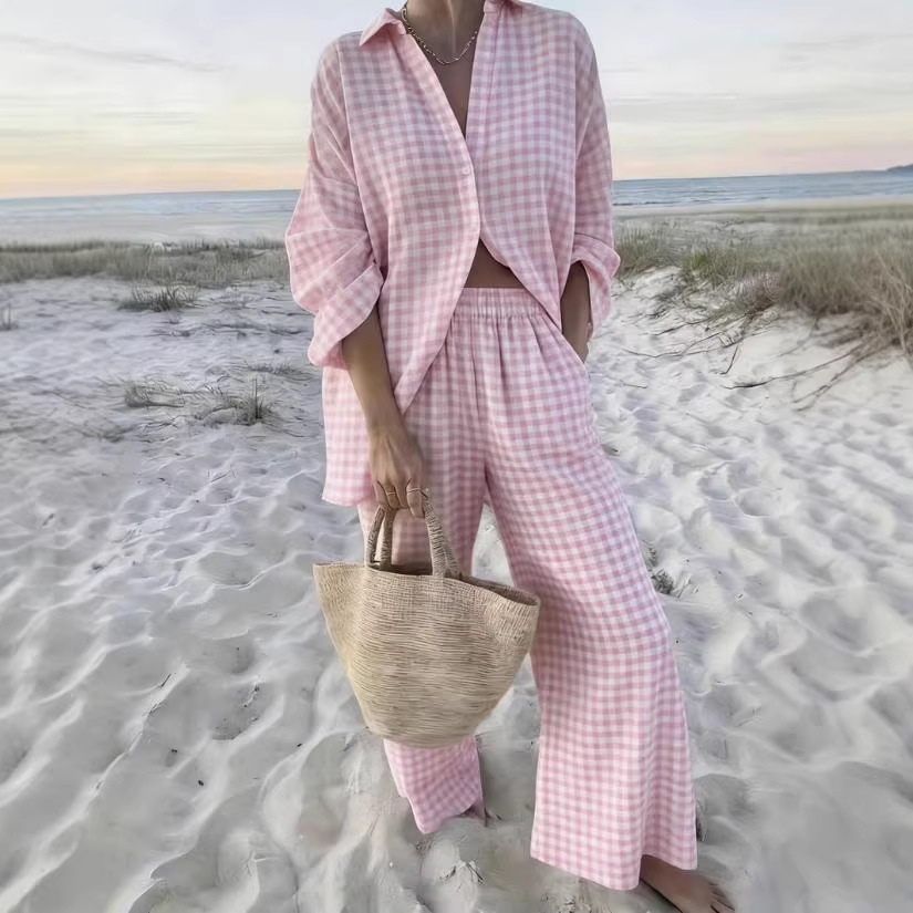 Pink Plaid Two-Piece Shirt and Pants Set Casual Chic