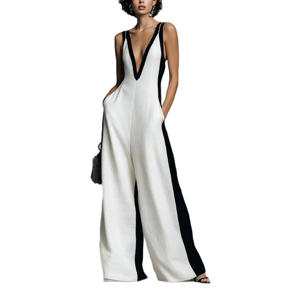 Women's Black and White Colorblock Spaghetti Strap Deep V-Neck Jumpsuit