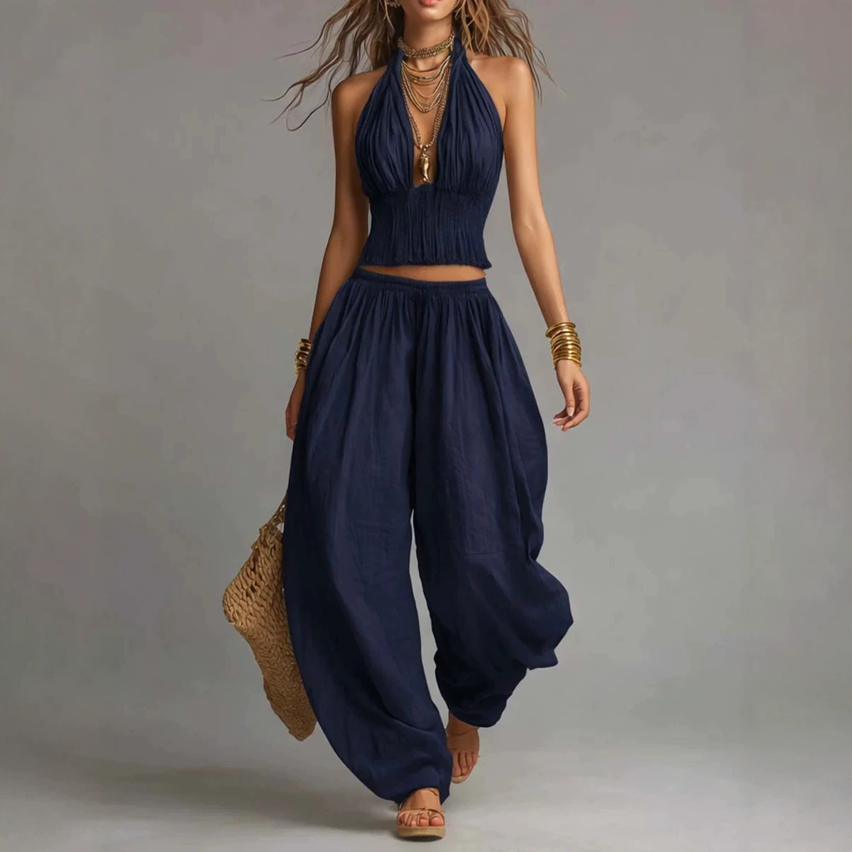 Bohemian Cotton-Linen Halter Smocked Crop Top & Lantern Pants Set