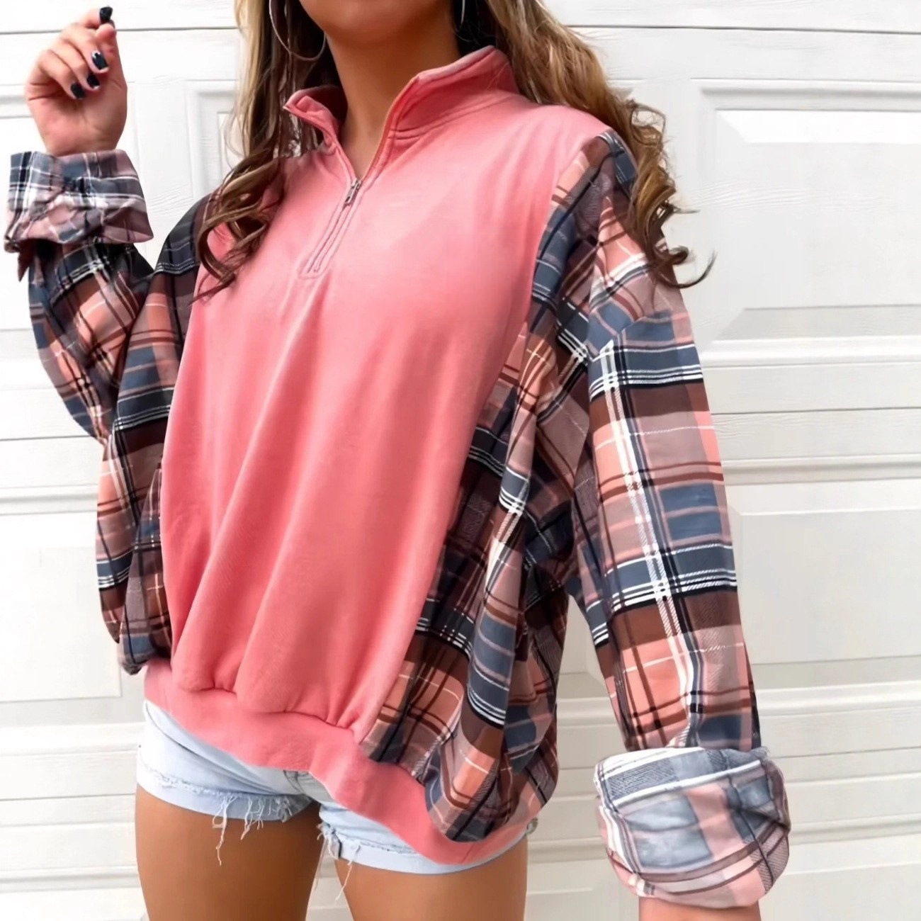 Women's Retro Plaid Half-Zip Collared Long-Sleeve Colorblock Sweatshirt