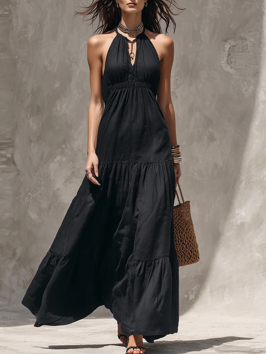 Women's Halter V-Neck Tiered Maxi Dress