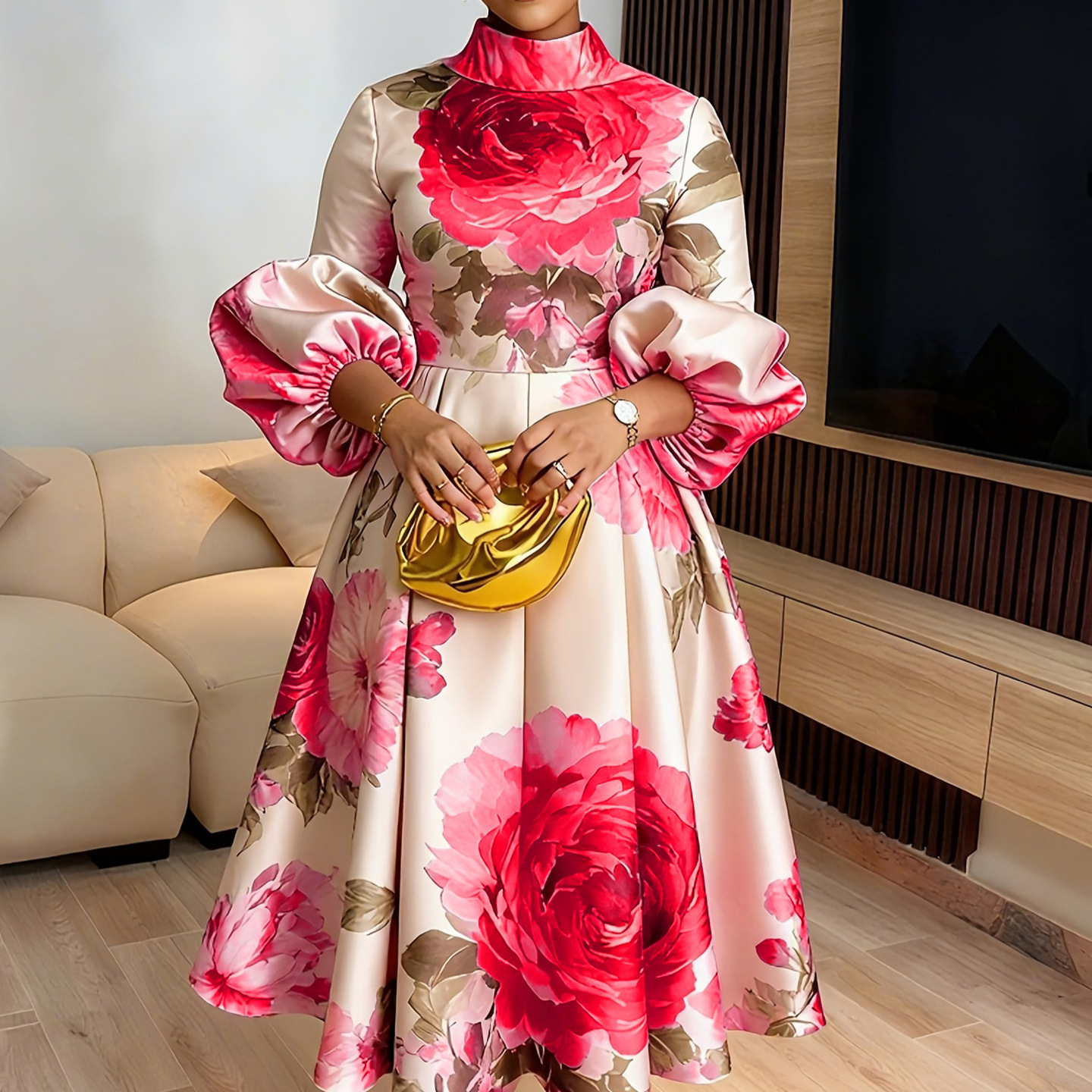 Vintage Floral Print High Neck Long Dress