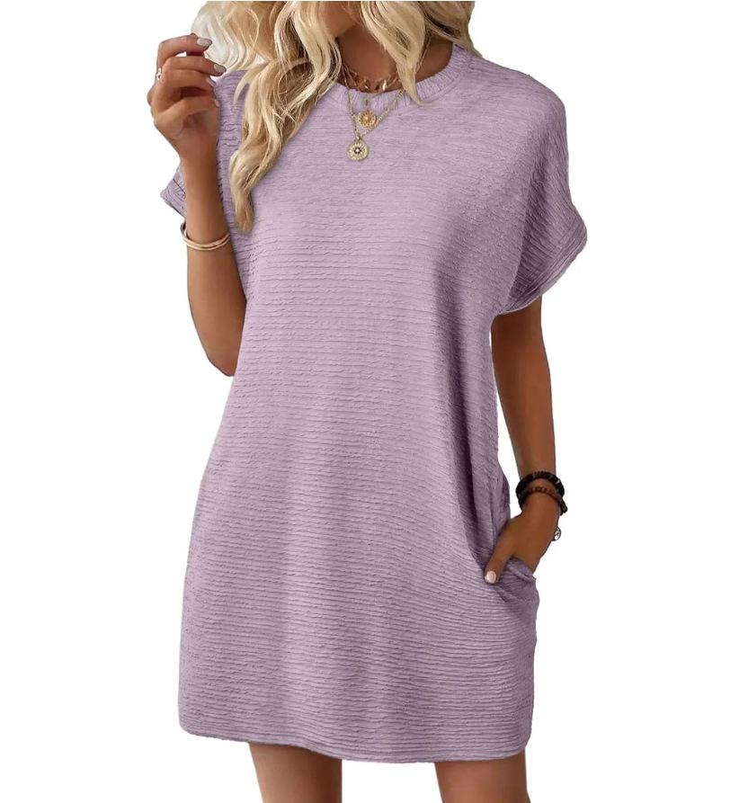 Women's Loose Crewneck Pocket Solid Short Sleeve Dress
