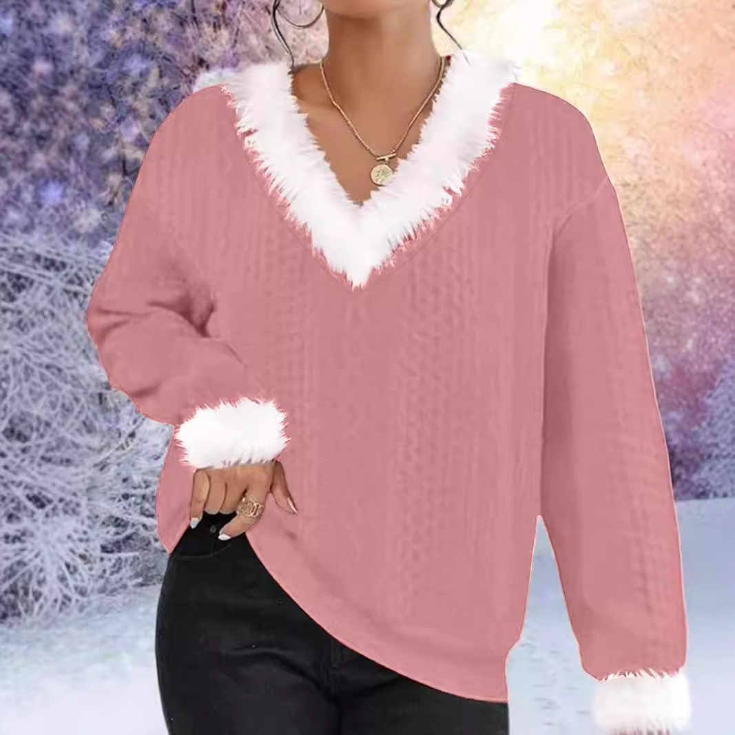 Women's Loose V-Neck Long Sleeve Cable Knit Sweater Solid Color Pullover
