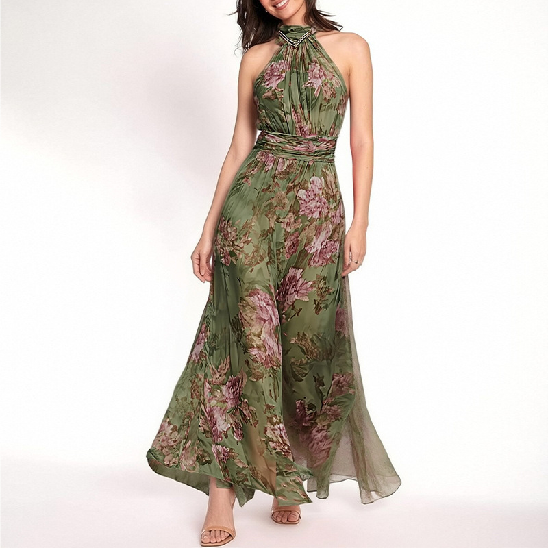 Elegant Halter Neck Sleeveless Floral Print Midi Dress with Waist