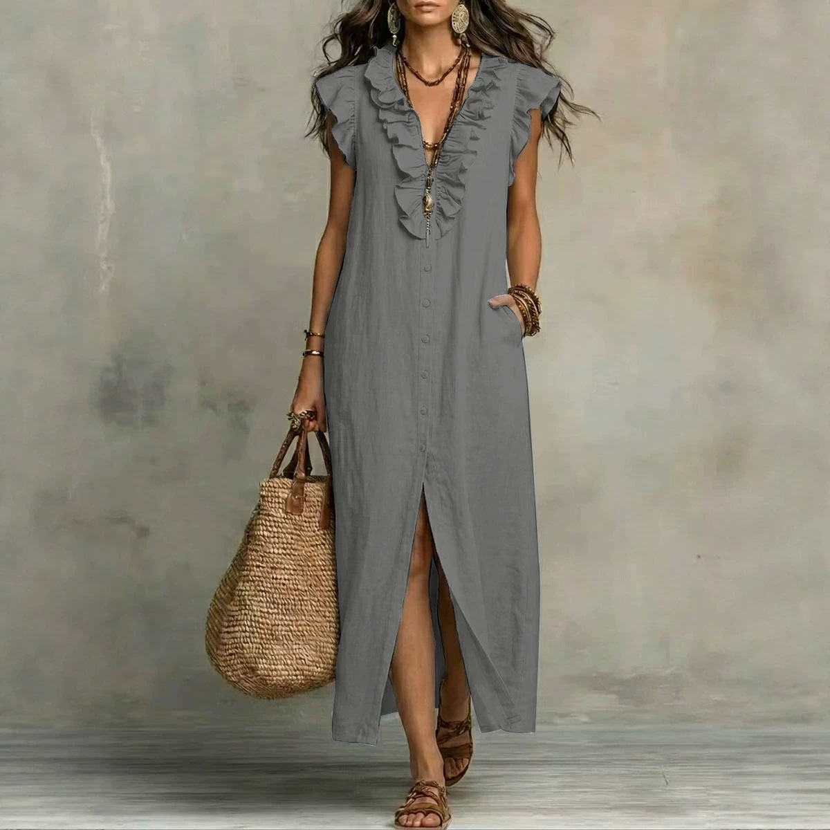 Boho Ruffle V-Neck Button-Front Maxi Dress with Pockets
