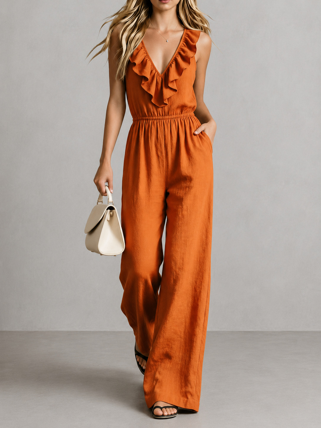 Ruffle V-Neck Sleeveless Jumpsuit with Side Pockets