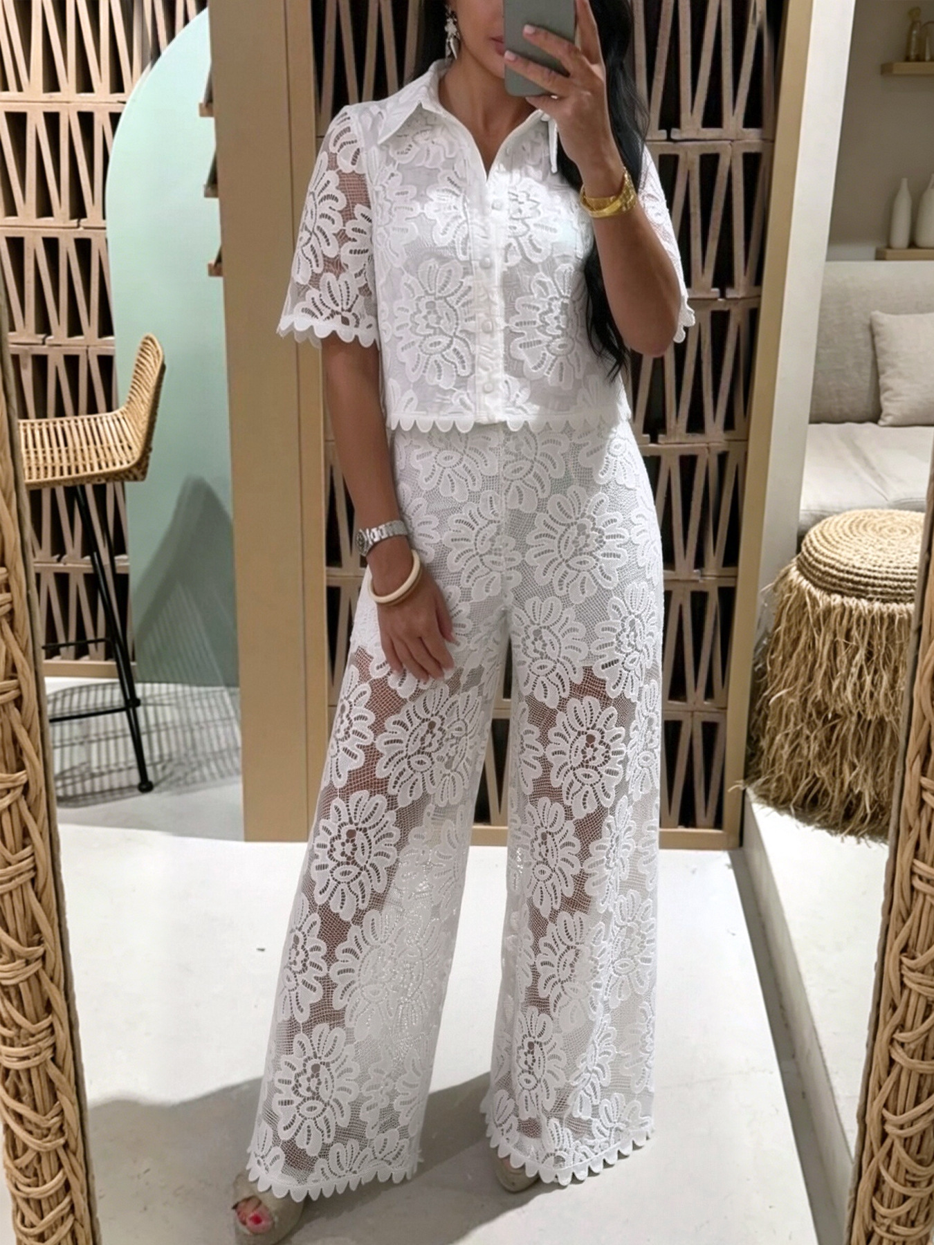 Women's Lace Crochet Short Sleeve Collared High Waist Pants Set