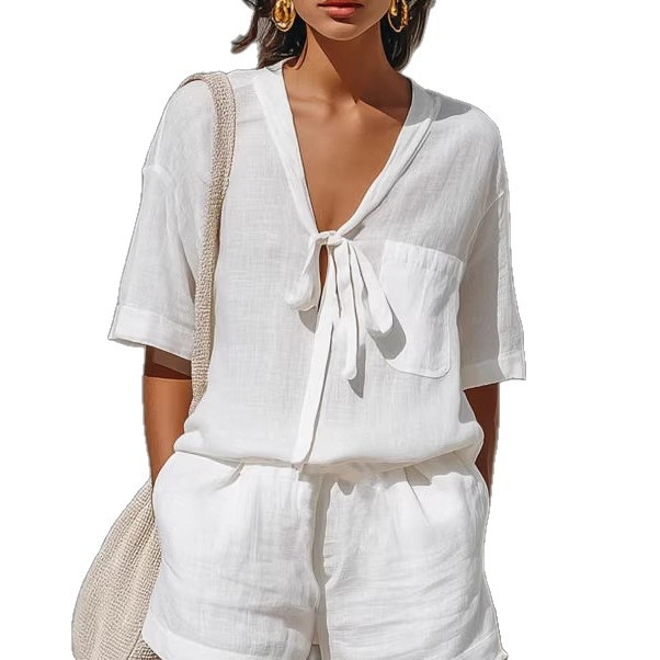 Women's Solid Color Tie-Front Short Sleeve Shirt and Shorts Set