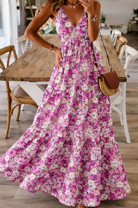 Elegant Floral V-Neck Sleeveless Midi Dress
