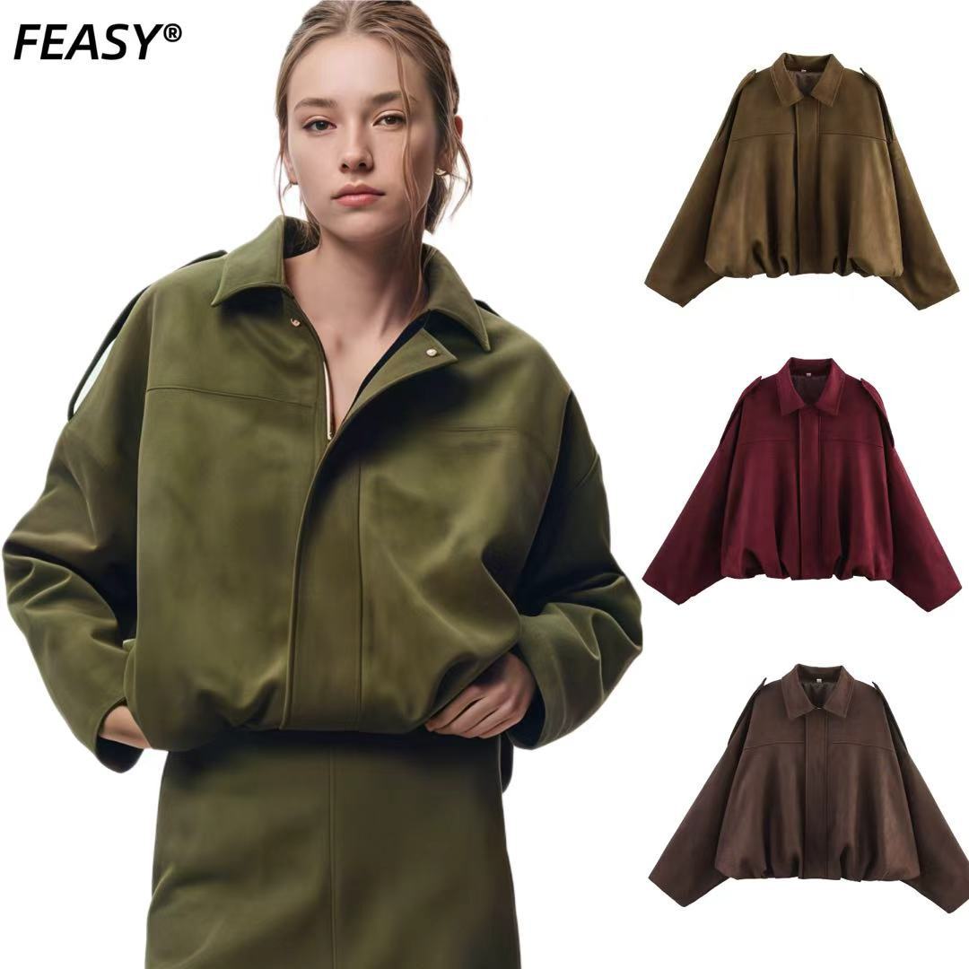 Women's Faux Leather Bomber Jacket and Shorts Set with Shoulder Buckles and Cinched Waist