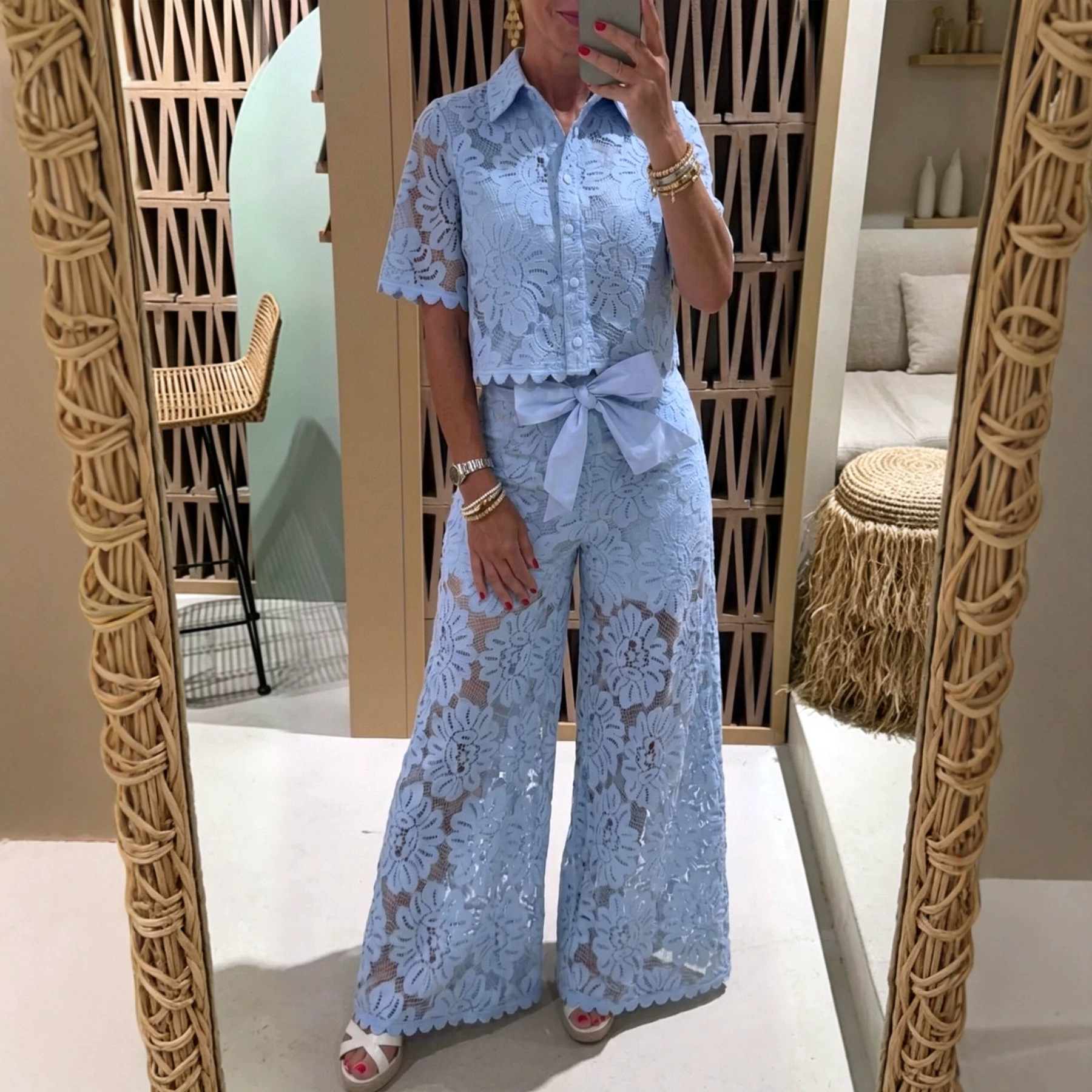 Women's Lace Crochet Short Sleeve Collared High Waist Pants Set
