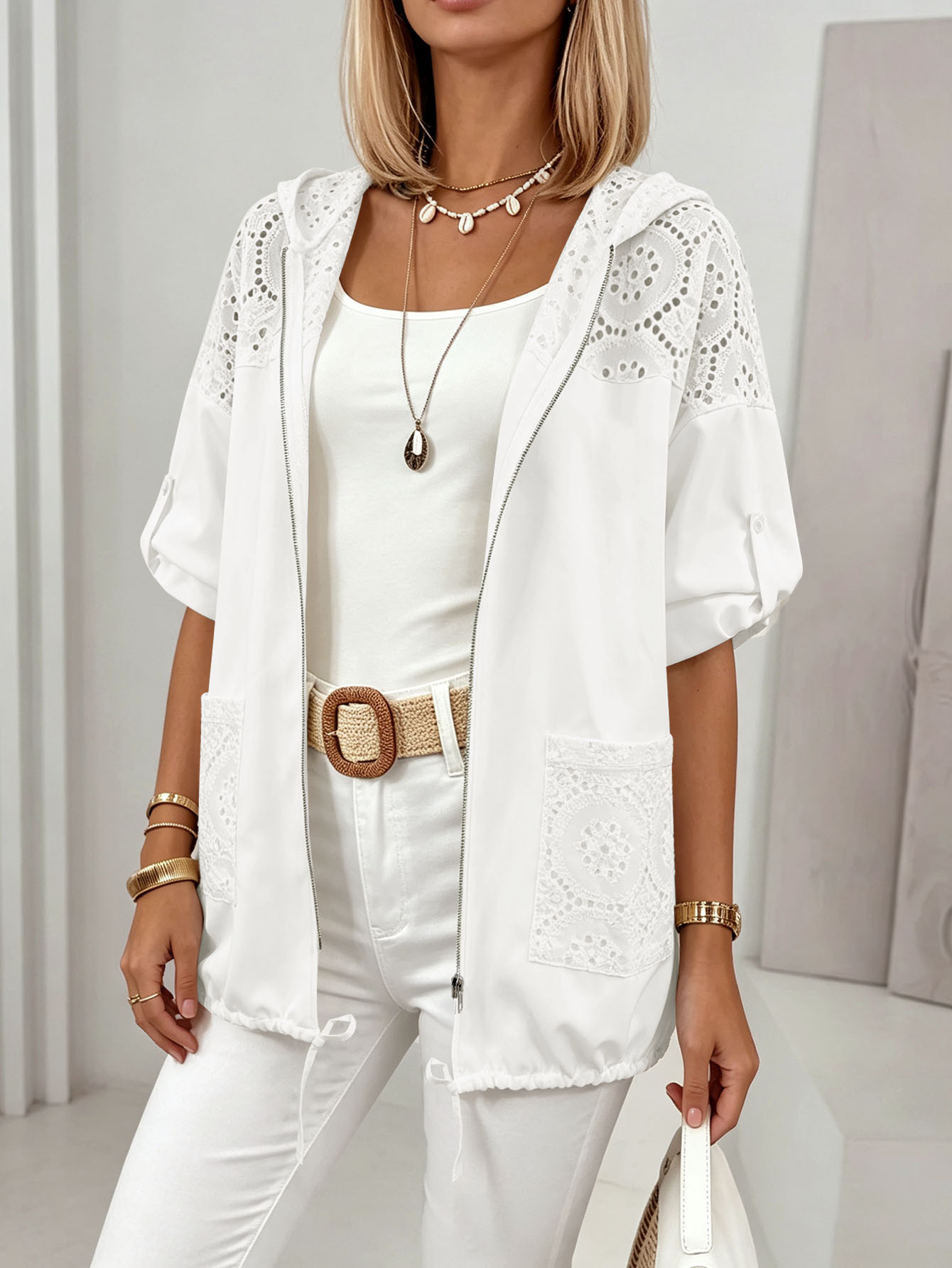 White Lace Crochet Hooded Zip-Up Sun Protection Top with Pockets and Drawstring