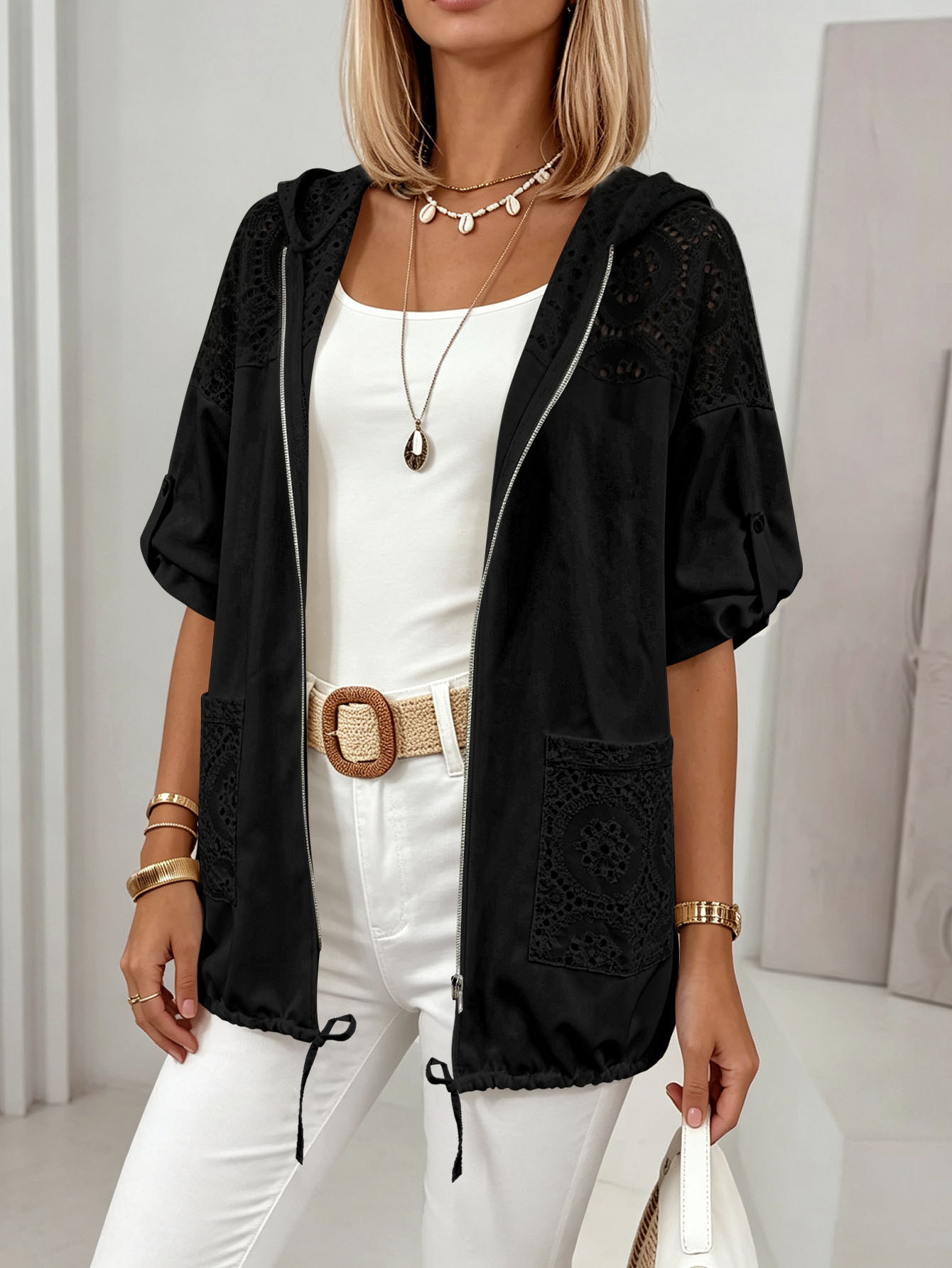 White Lace Crochet Hooded Zip-Up Sun Protection Top with Pockets and Drawstring