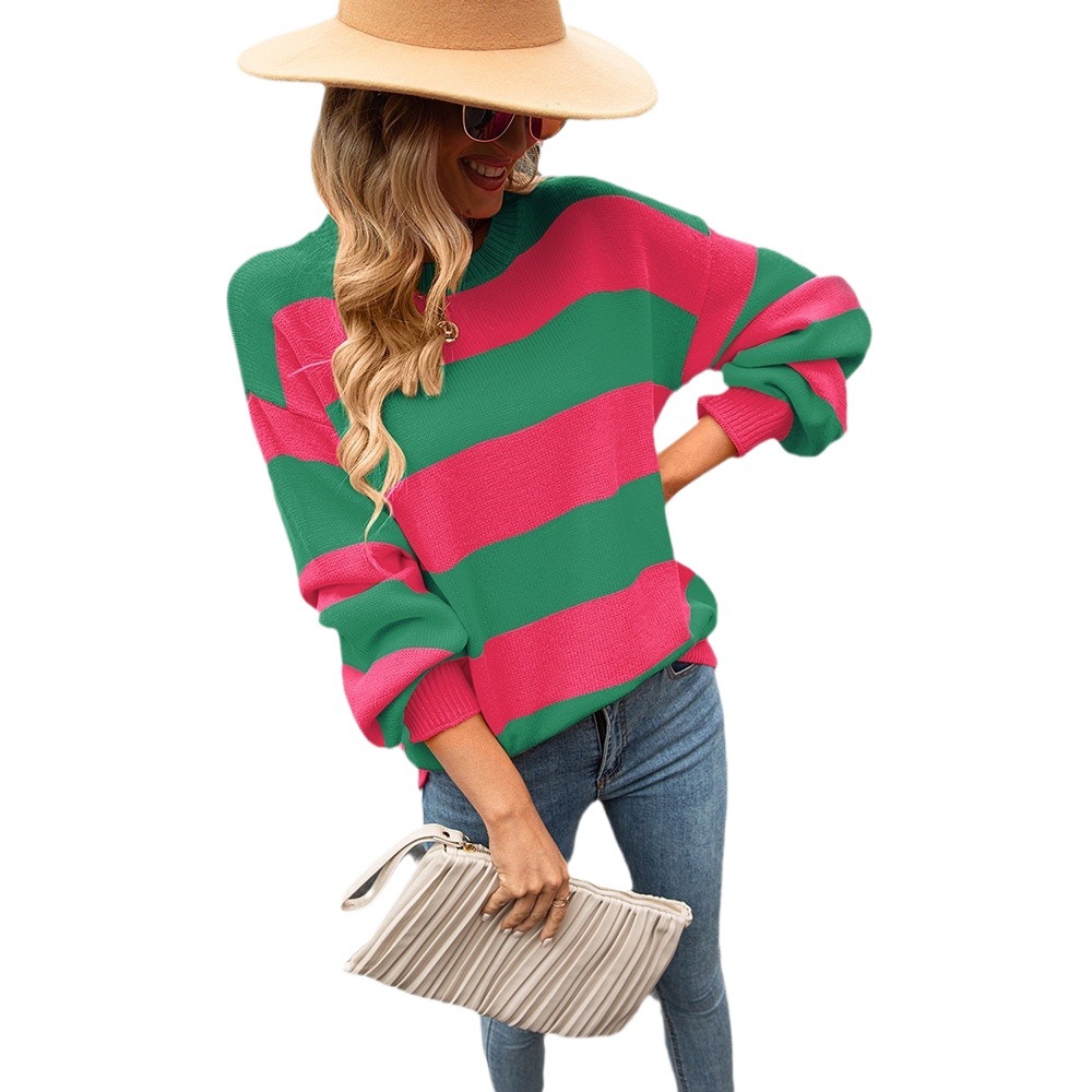 Striped Color-Block Crewneck Pullover Sweater Oversized Casual Knit Top
