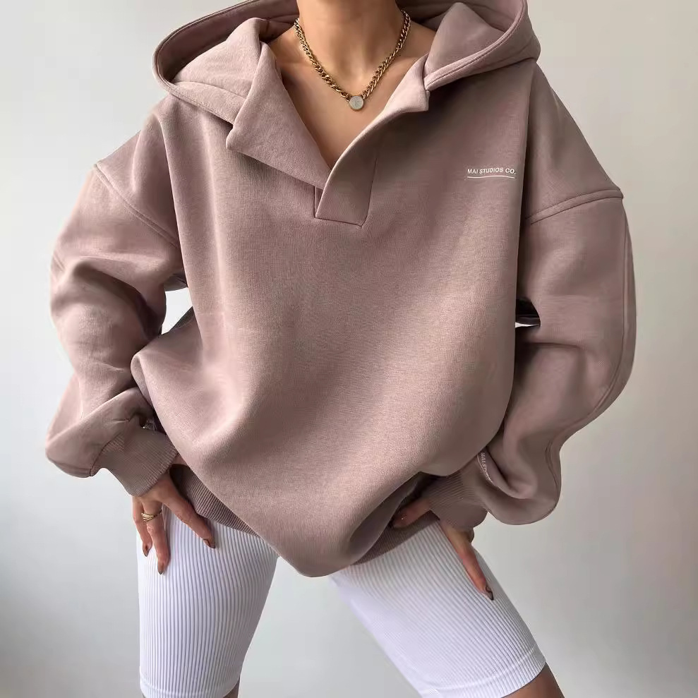 Fleece-Lined Hooded V-Neck Print Long-Sleeve Sweatshirt