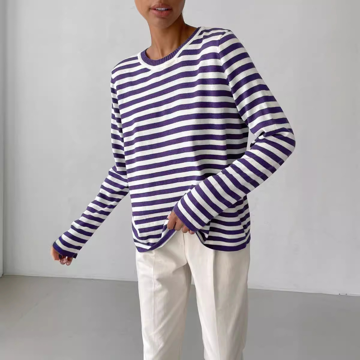 Women's Striped Crewneck Knit Sweater Retro Pullover