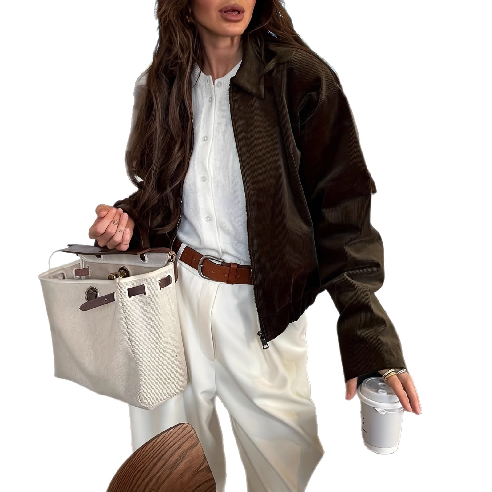 Vintage Brown Corduroy Zip-Up Jacket for Women, Loose Fit