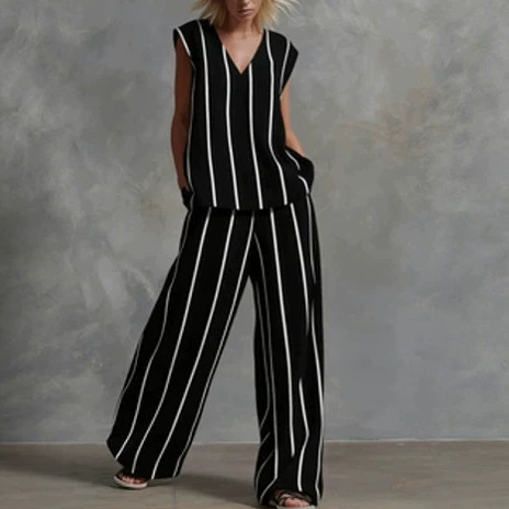 Black and White Vertical Striped Cotton-Linen Two-Piece Wide-Leg Pants Set