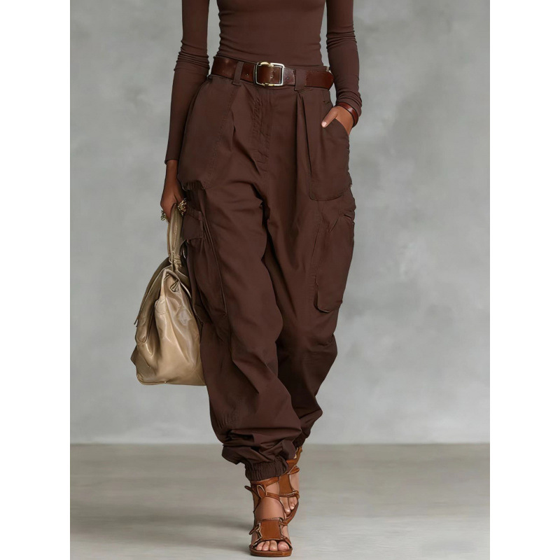 High-Waisted Wide-Leg Cargo Pants for Women, Loose Streetwear, Non-Stretch