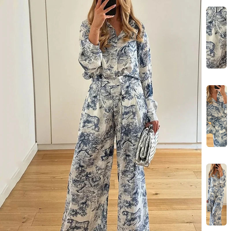 Women's Loose Print Long Sleeve Shirt & Pants Casual Set
