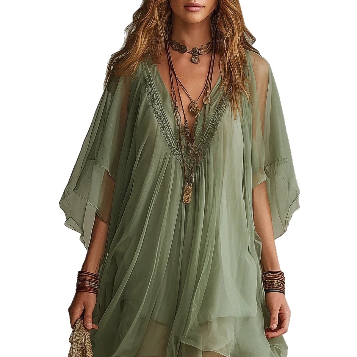Women's V-Neck Chiffon Two-Piece Dress Set with Loose Beach Cover-Up