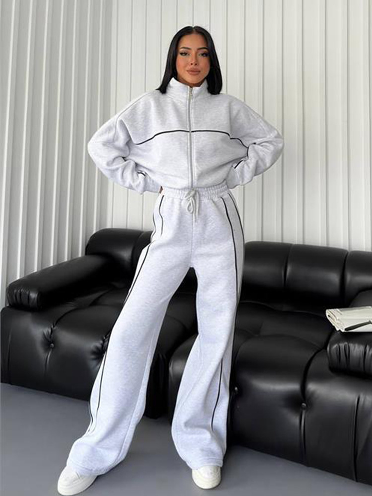 Women's Casual Two-Piece Set: Half-Turtleneck Zip Cardigan Sweatshirt & Striped Drawstring Pants