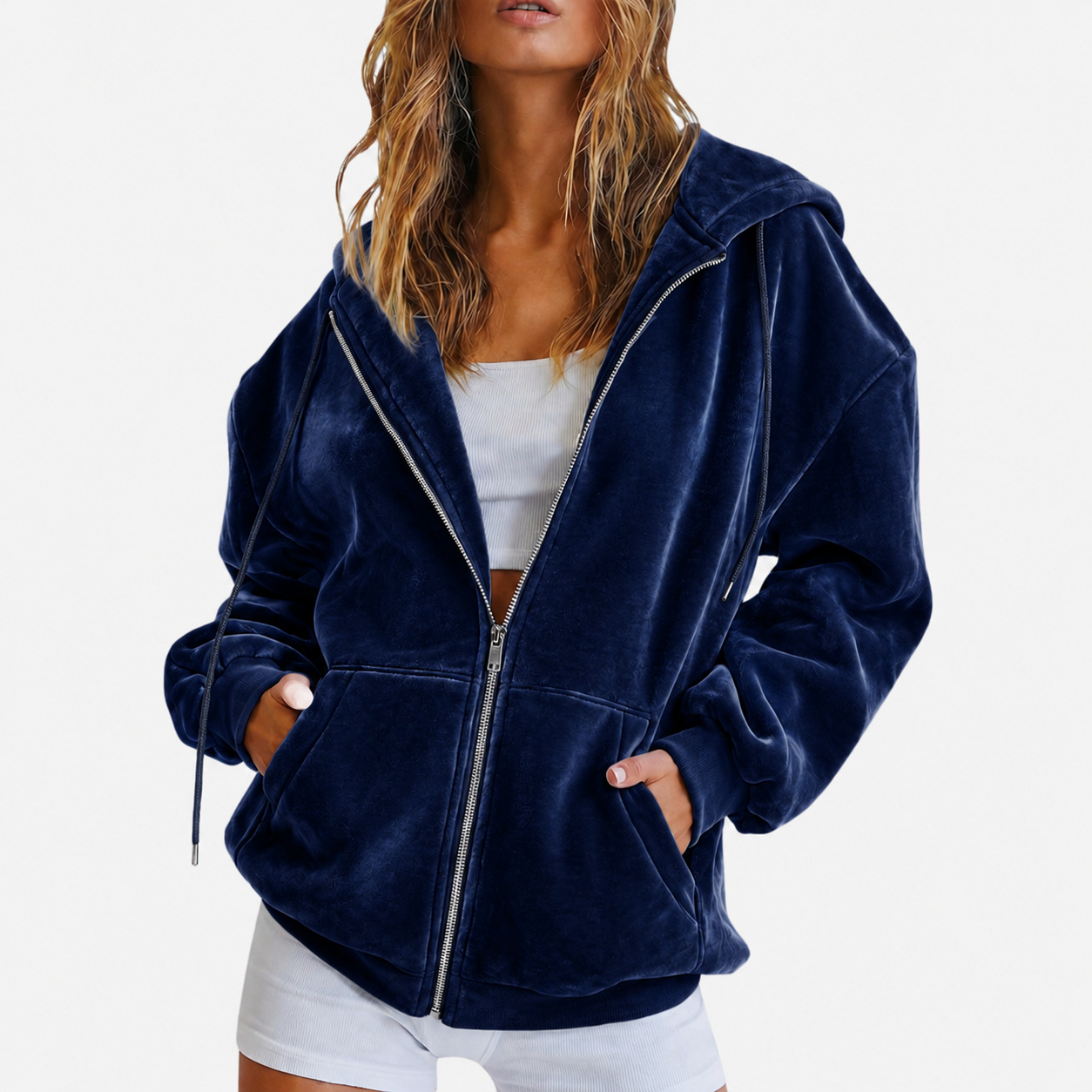 Velvet Zip-Up Hoodie Loose Fit Casual Jacket