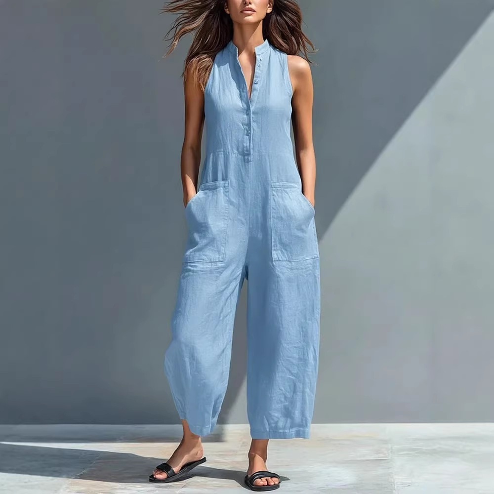 Women's Sleeveless Stand Collar Pocket Jumpsuit Casual Solid Color Straight Leg