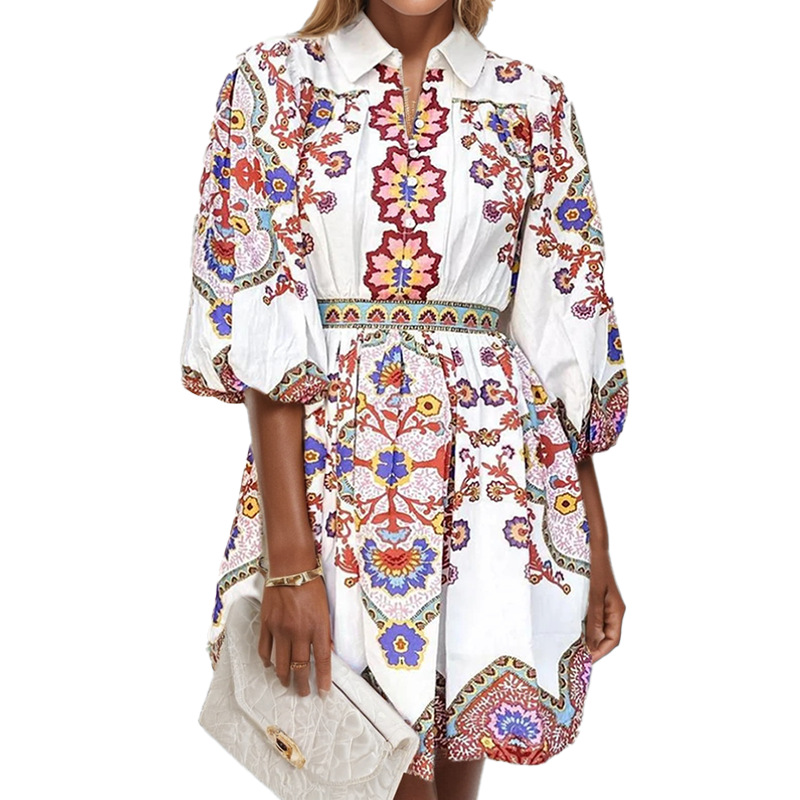 Elegant Floral Print V-Neck Lantern Sleeve Dress
