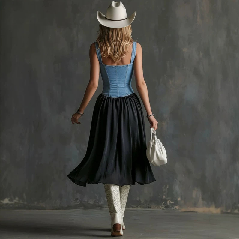 Retro Blue Denim Vest-Style Black Chiffon Midi Dress