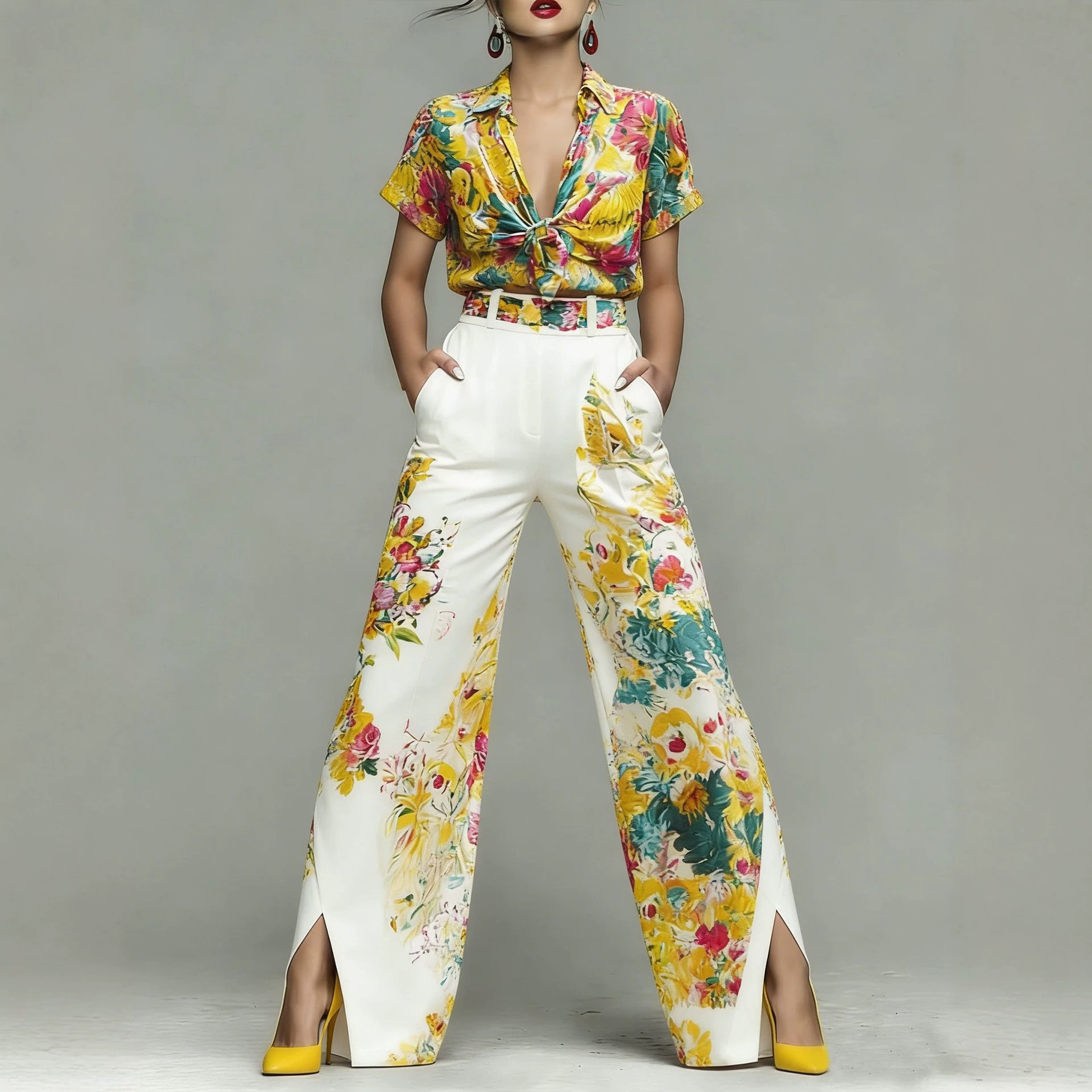 Women's Floral Print Knot Shirt and Pants Two-Piece Set