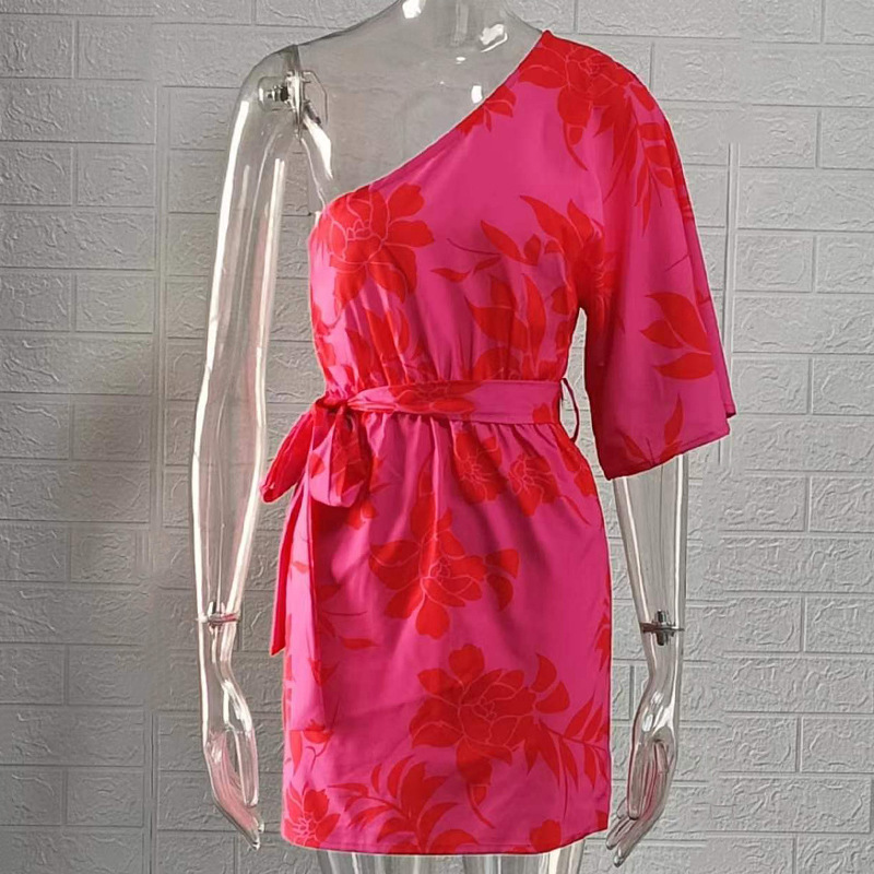 Pink Print One-Shoulder Asymmetric Tie Short Dress