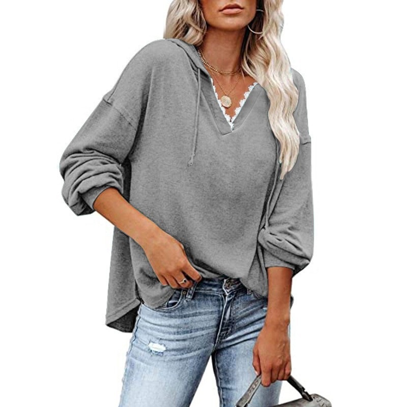 Women's Casual Hooded Lace V-Neck Long Sleeve Sweatshirt