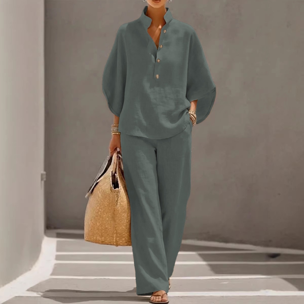 Women's Casual Solid Color Shirt and Pants Set