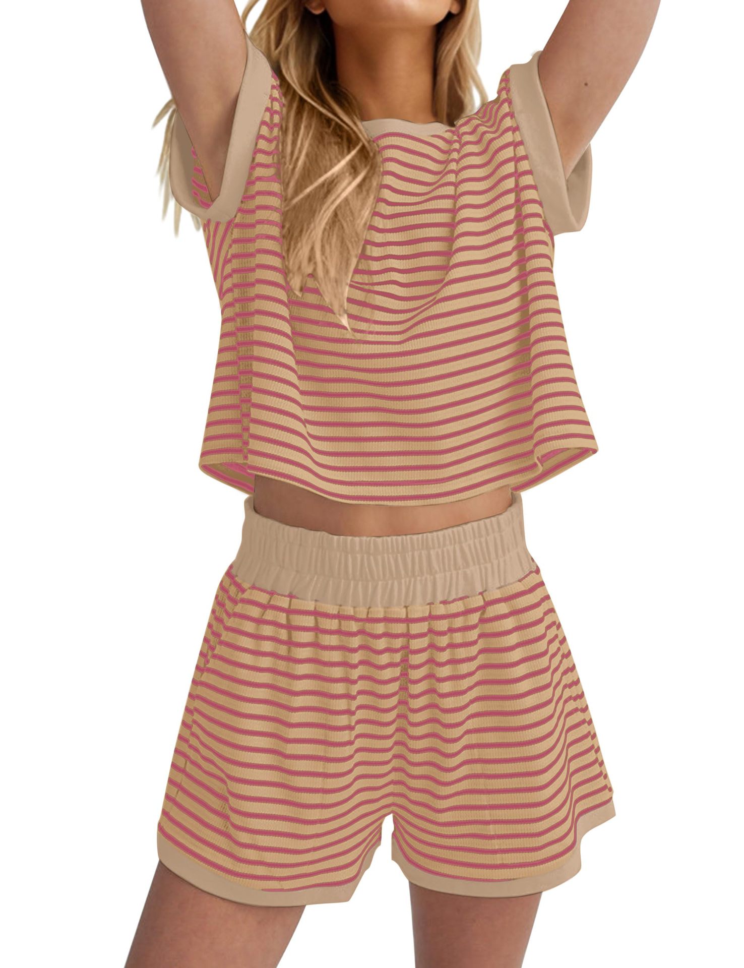 Women's Striped Round Neck Long Sleeve Two-Piece Pants Set