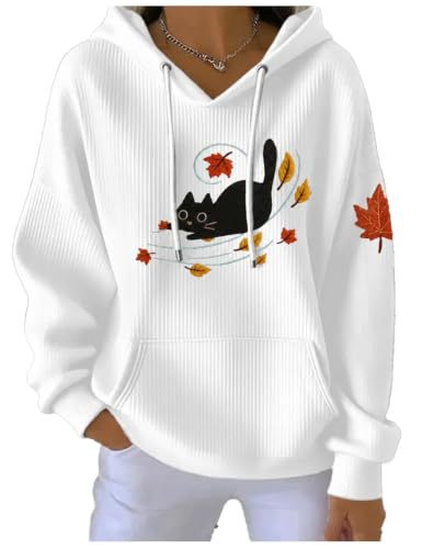 Women's Cat & Maple Leaf Print Casual Hoodie