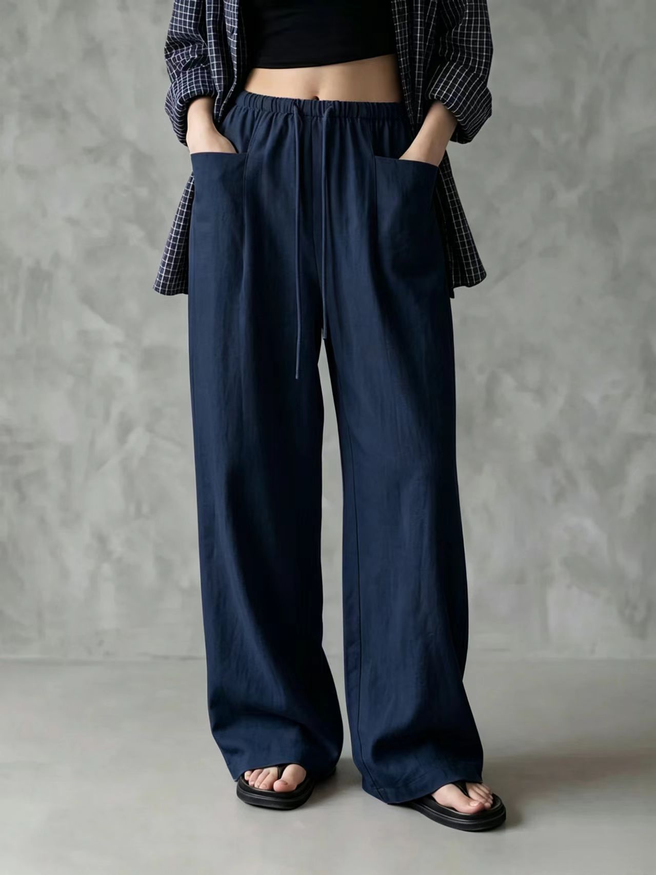 Women's Solid Color Wide-Leg High-Waist Drawstring Casual Pants